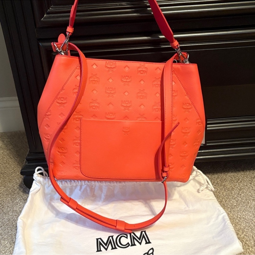 MCM Orange Embossed Leather Shoulder Bag